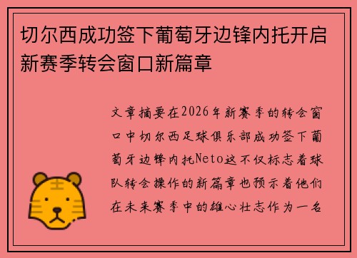 切尔西成功签下葡萄牙边锋内托开启新赛季转会窗口新篇章 切尔西成功签下葡萄牙边锋内托开启新赛季转会窗口新篇章